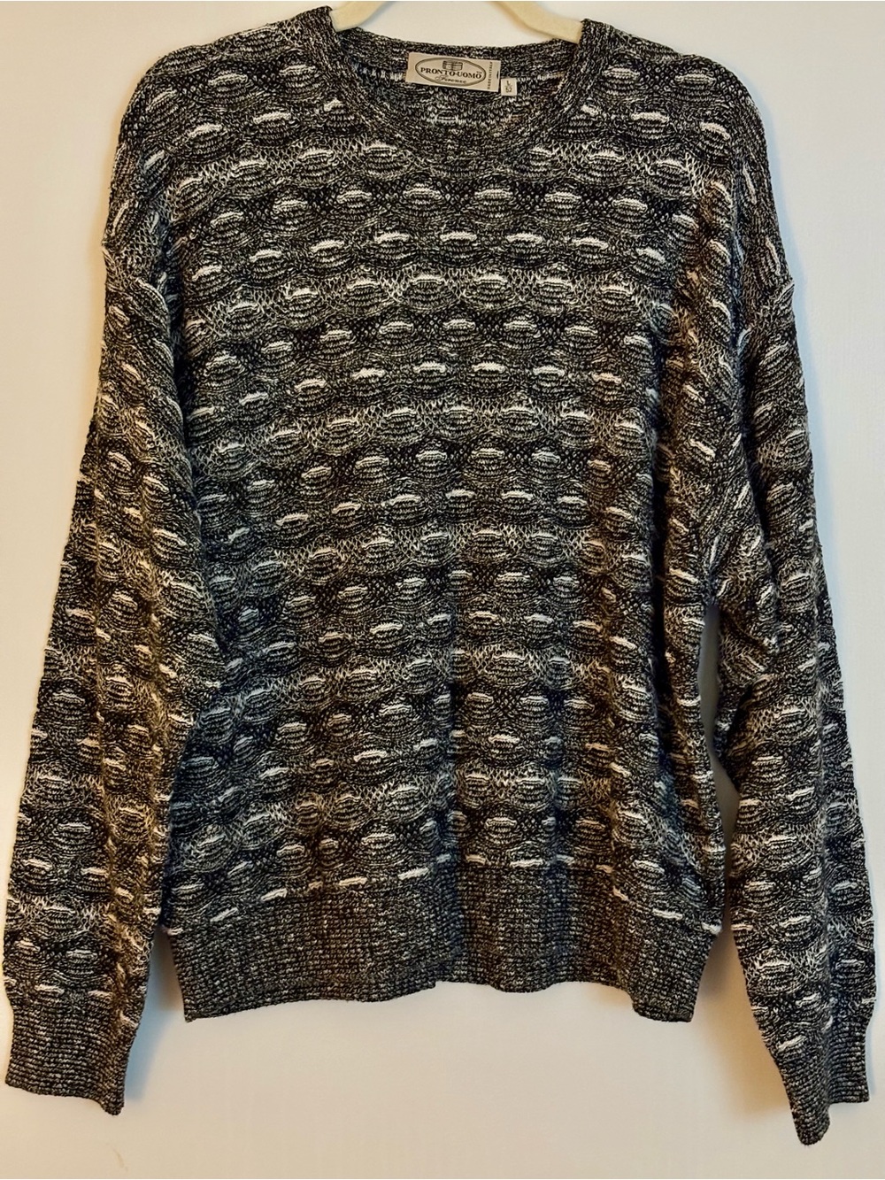 Vintage Pronto Uomo Men’s Black & White 3D Textured Knit Crewneck Sweater, Large